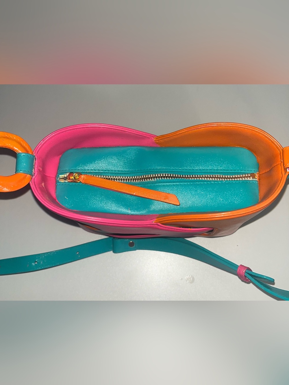 Vibrant Colorblock Crossbody Bag in Orange, Pink & Teal Custom Painted - Picture 7 of 8